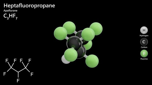 Heptafluoropropane. HFC-227. Greenhouse gas. Animated 3D model of a molecule. Molecular formula: C3HF7. Chemical model: Ball and sticks. Black background. 3D rendering. Seamless loop.