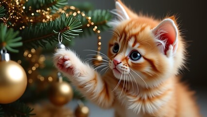 Fototapeta premium A cat is playing with a gold ornament on a Christmas tree