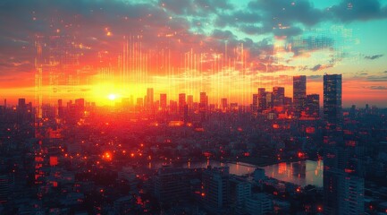 Fototapeta premium Vibrant sunset over a modern cityscape with digital data streams.