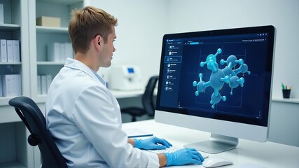 Scientist analyzing molecular structure on a computer in modern office setting.