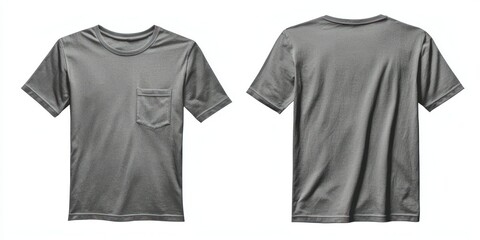 T-shirt with front pocket, front and back view, plain grey, isolated on white.