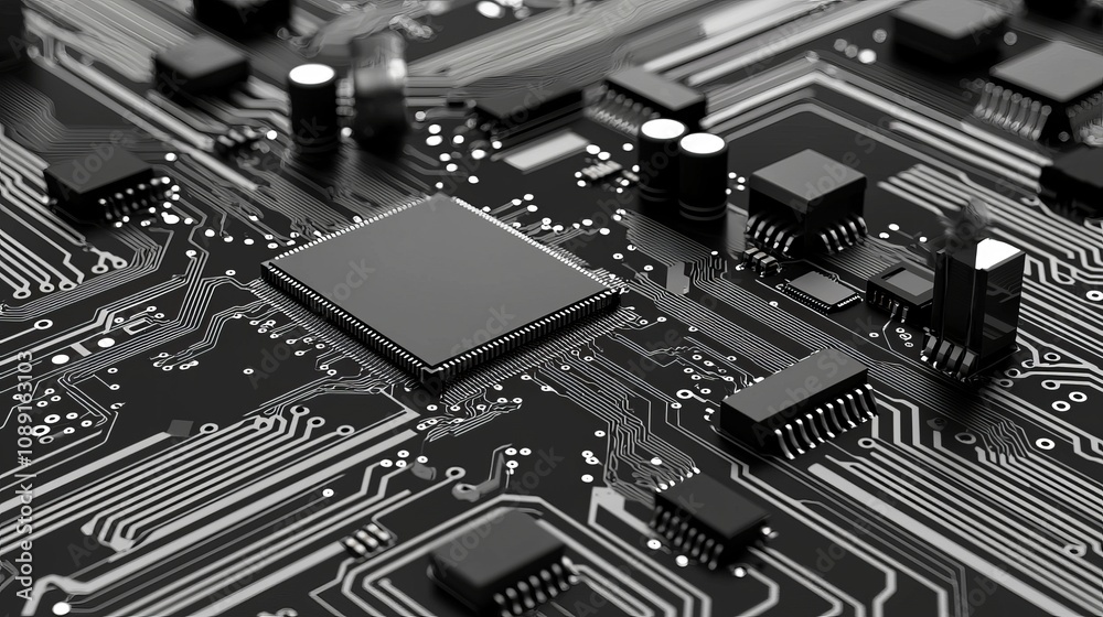 Poster an abstract background of a circuit board with futuristic server code processing.