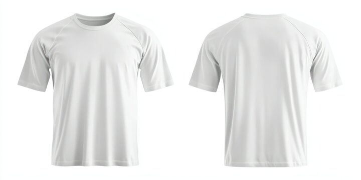 White T-shirt with raglan sleeves, front and back, isolated on white background.
