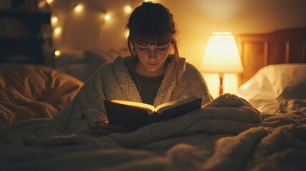 Woman sitting in bed, wrapped in a blanket, focusing on reading her Bible under soft lamp light.
