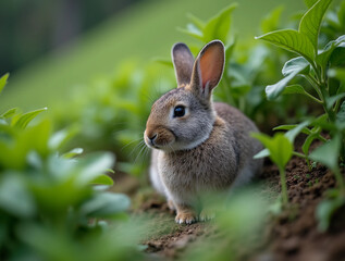 Fototapeta premium Adorable baby rabbit bunny eating vegetable sitting on green grass spring time over bokeh nature background. Cuddly furry white brown rabbit eat fresh vegetable at outdoor. Easter animal concept.