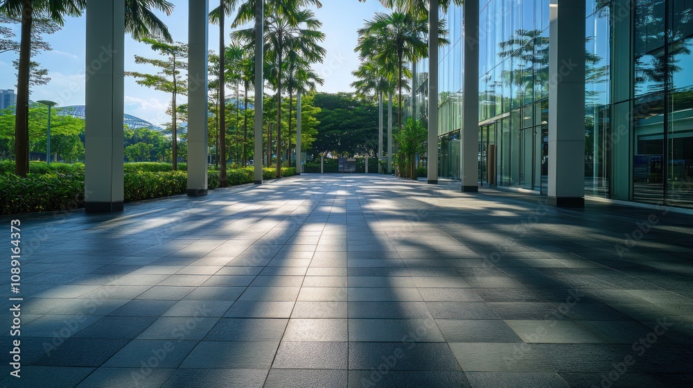 Aufkleber a serene walkway with palm trees and sunlight casting shadows on the tiled floor.
