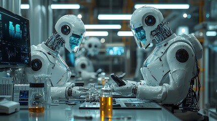 Fototapeta premium AI Robots Working in Futuristic Lab