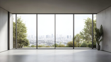 spacious, modern interior with large windows showcasing city view