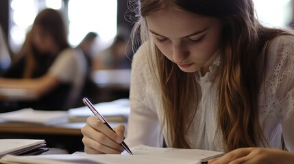 Close-up of a  female student writing in a notebook while sitting at a desk in a classroom. She appears focused on taking notes during the class