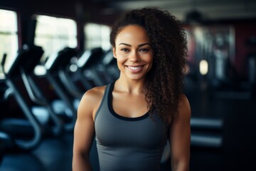 Fototapeta premium Smiling portrait of a young African American female fitness trainer in gym