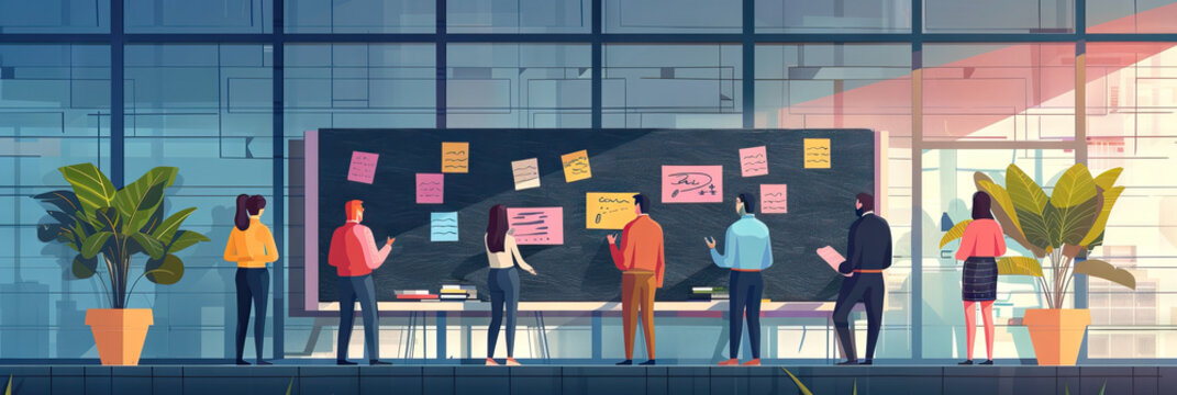 Colleagues brainstorming ideas on a chalkboard on the side of a building during a team building exercise.