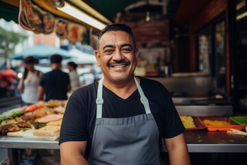 Fototapeta premium Smiling portrait of a middle aged Mexican man working at food truck