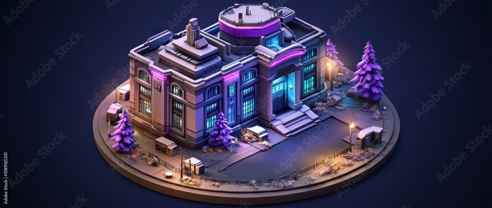 Poster A stylized, illuminated building surrounded by snowy trees on a circular base.