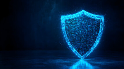 glowing blue shield hologram representing cybersecurity concepts
