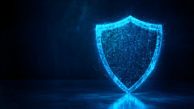 glowing blue shield hologram representing cybersecurity concepts