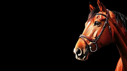 Majestic chestnut horse portrait against a black background, showcasing its elegance and strength. Ideal for equestrian-themed projects.
