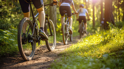 Fototapeta premium Group of cyclists riding mountain bikes on dirt trail in forest