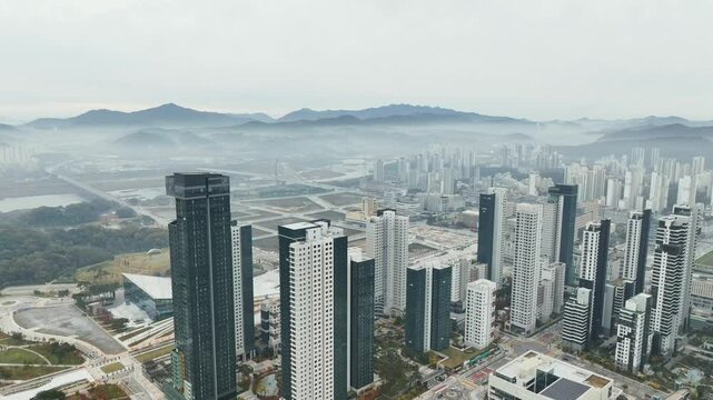 Drone View of Sejong City in South Korea, Park, Autumn, 60fps