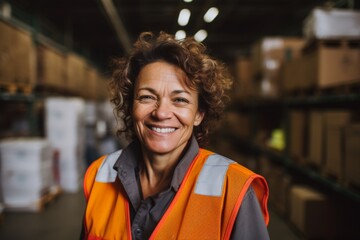 Portrait of a joyful middle aged female warehouse worker