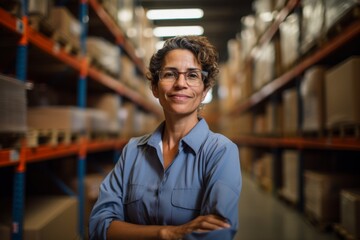 Obraz premium Portrait of a joyful middle aged female warehouse worker