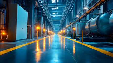 Industrial corridor with electrical equipment and bright lighting