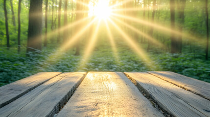 Sunbeams illuminate a rustic wooden table in a tranquil forest setting, creating a serene and peaceful atmosphere. Perfect for product displays or nature-themed designs.