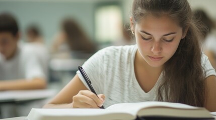 Close-up of a  female student writing in a notebook while sitting at a desk in a classroom. She appears focused on taking notes during the class