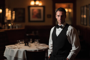 Obraz premium Caucasian male waiter in formal attire stands confidently in an elegantly set dining room, exuding professionalism and class in a dimly lit atmosphere.