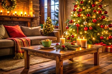 Fototapeta premium Cozy Living Room Decorated for Christmas with Wooden Table, Christmas Tree Branches, Twinkling Lights, and a Warm Festive Atmosphere for Holiday Celebrations