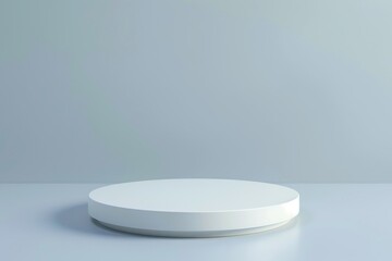 Simple, white, empty, round podium on a light grey background. A minimalistic design with soft shadows, for product photography like accessory and jewel.