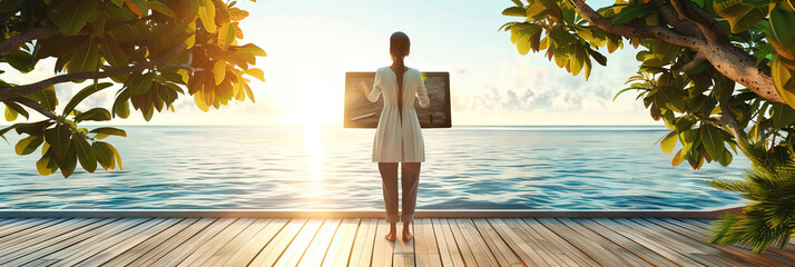 Businesswoman using a natural chalkboard to present her products on a wooden boardwalk.