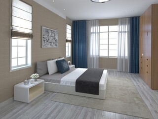 Mock up of a stylish bedroom with an original comfortable bed and a fashionable decorative background, 3D rendering.