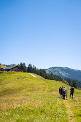 Hikers walking up the hill to a little mountain house