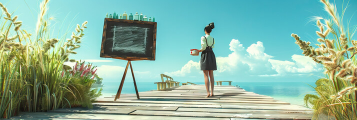 Businesswoman using a natural chalkboard to present her products on a wooden boardwalk.