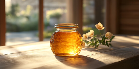 A jar of honey sits on a wooden table, illuminated by soft natural light, with a delicate flower nearby, creating a serene and inviting atmosphere.