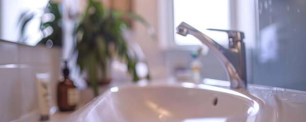 blurred image of a bathroom sink with a faucet and plants in the background.