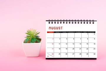 August 2025, Monthly desk calendar for 2025 year on pink background.