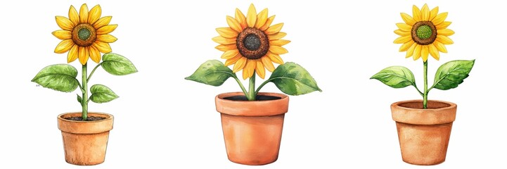 Obraz premium Set of sunflower watercolor. Three vibrant sunflower plants in terracotta pots, showcasing their bright yellow petals and green leaves against a white background.
