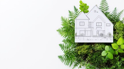 Symbolic of eco-friendly building practices are blueprints and greenery.