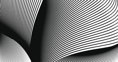 Minimalist abstract vector line wave pattern, black and white geometric striped design.