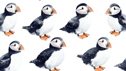 Obraz premium A charming pattern featuring adorable puffins, showcasing their iconic black and white plumage with vibrant orange beaks.