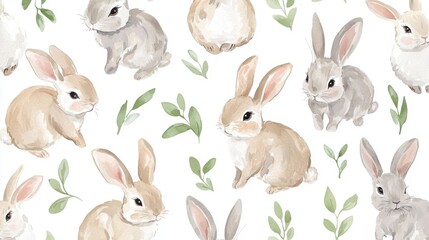 A charming watercolor pattern featuring adorable rabbits and leafy greens, perfect for creating a whimsical atmosphere.