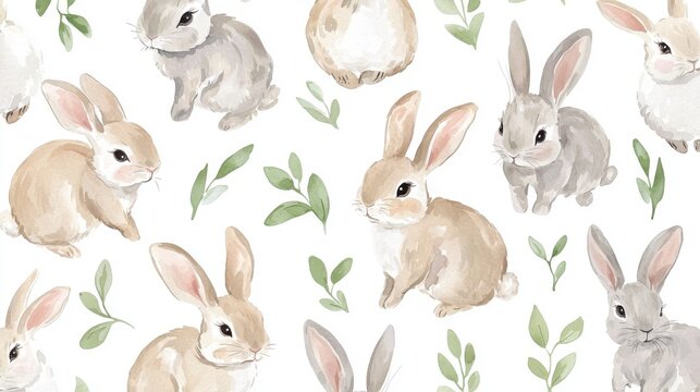 A charming watercolor pattern featuring adorable rabbits and leafy greens, perfect for creating a whimsical atmosphere.