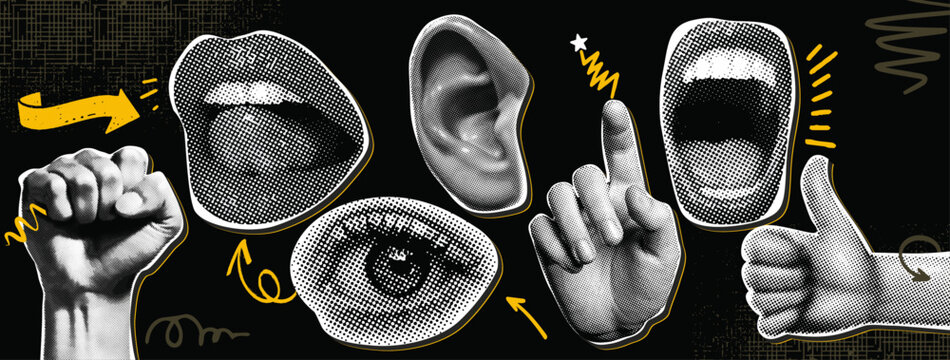 Collage vector halftone illustration: the power of expression, a visual exploration beyond words.