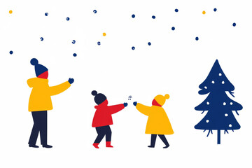 A family of three children and a man are playing in the snow