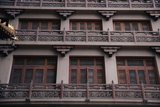Horizontal view of Chinese traditional building in the Jingan Temple in the center of Shanghai, China