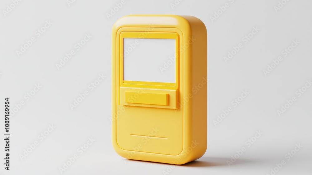 Poster A bright yellow device with a blank screen, likely used for displaying information or messages.