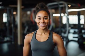 Fototapeta premium Smiling portrait of a young African American female fitness trainer in gym