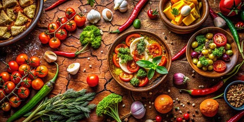 Fototapeta premium Culinary Delights on a Cracked Ground Background: Vibrant Food Photography Featuring Fresh Ingredients, Rustic Textures, and Gourmet Dishes for Food Lovers and Chefs