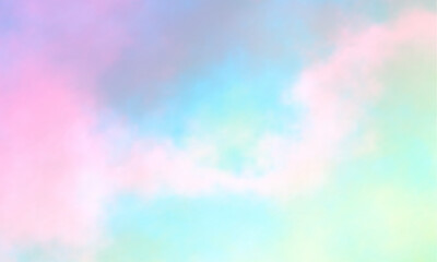 Colorful watercolor background of abstract sunset sky with puffy clouds in pastel rainbow colors of pink blue yellow orange and
